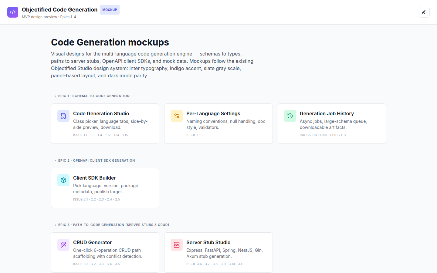 Objectified Code Generation mockup hub