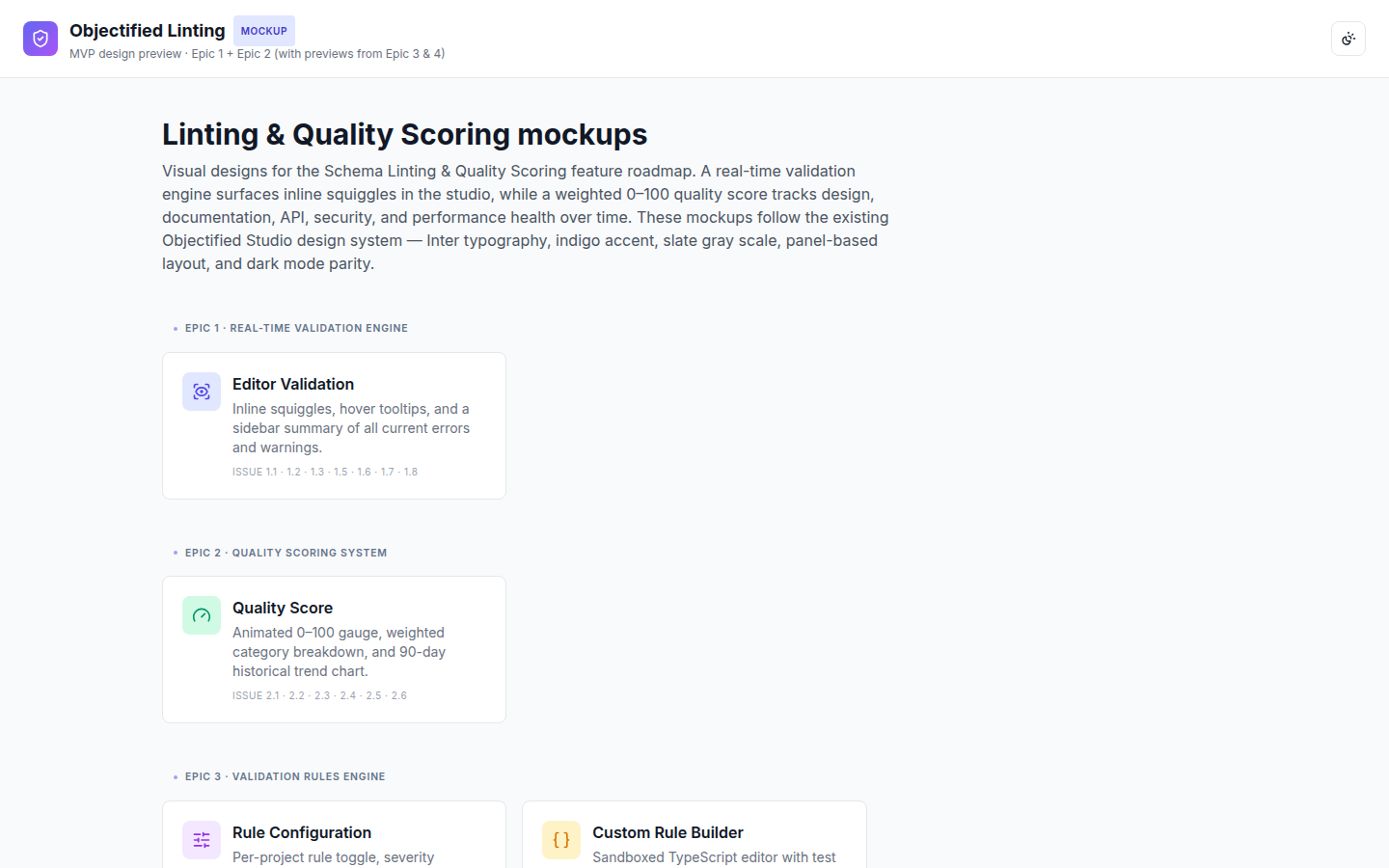 Objectified Linting & Quality mockup hub