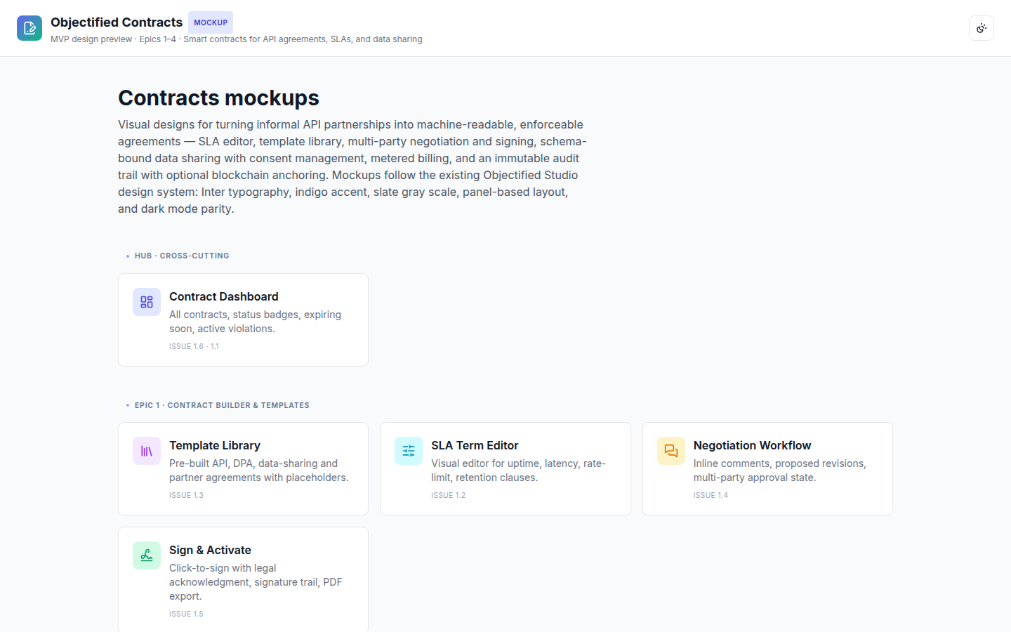 Objectified Contracts mockup hub